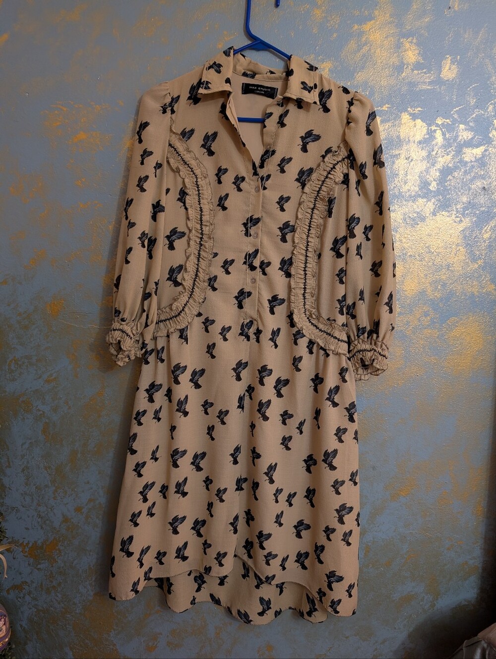 Max Studio London Beige Dress with Navy Bird Print and Ruffle Trim